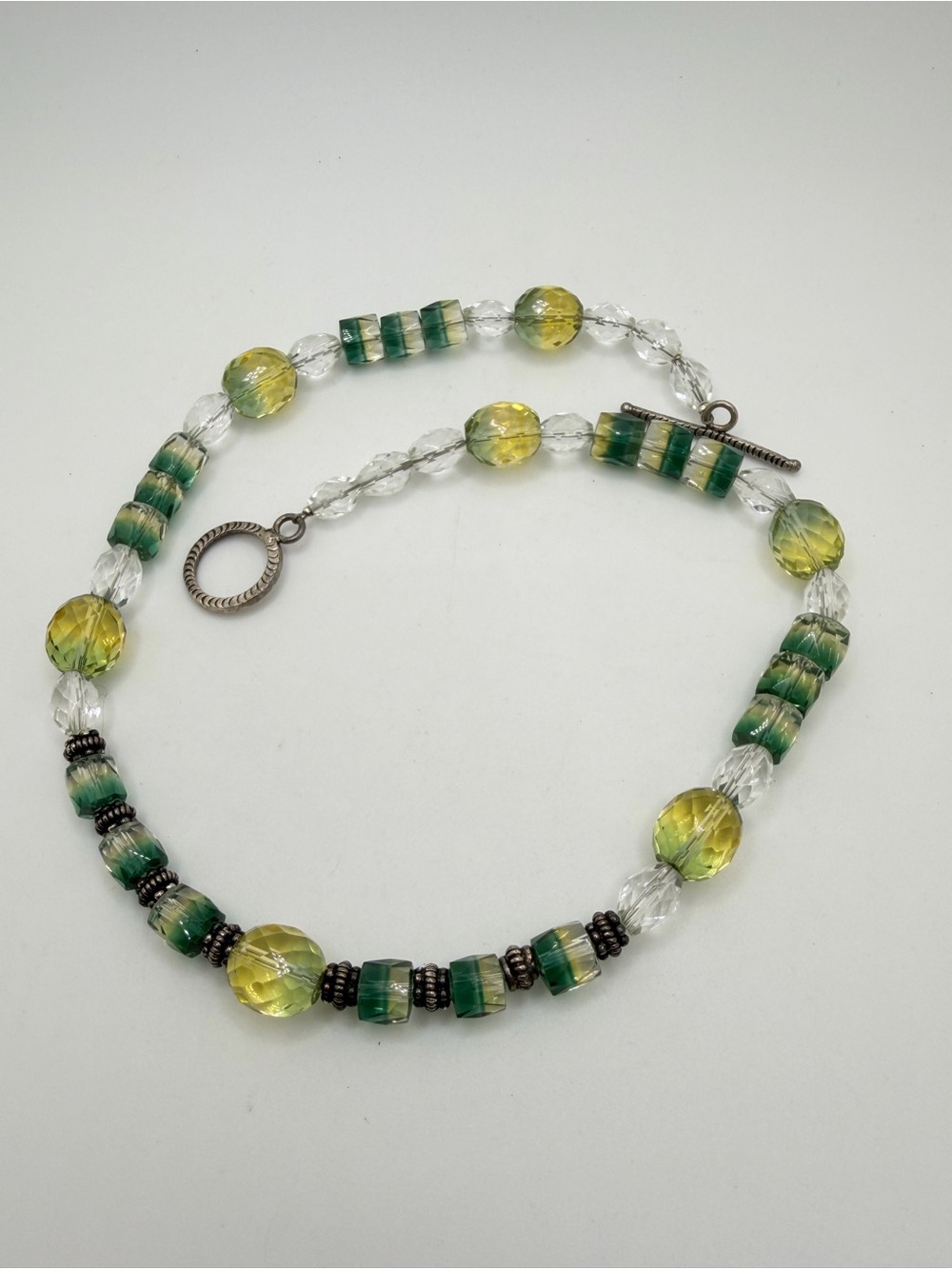 17" Possible Czech faceted Glass and Silver plated necklace w/ toggle clasp!